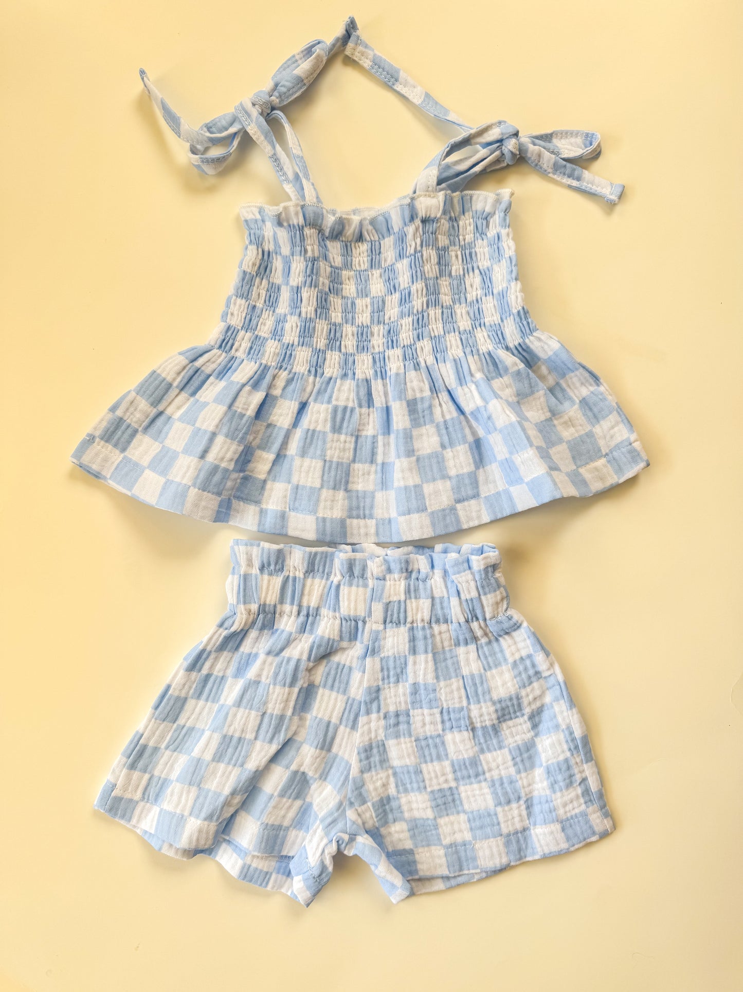 Checkered Linen Short Set (Dusty Blue)