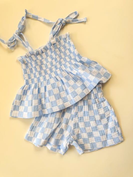 Checkered Linen Short Set (Dusty Blue)