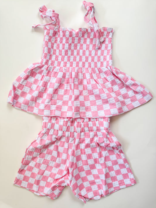 Checkered Linen Short Set (Bubble gum pink)