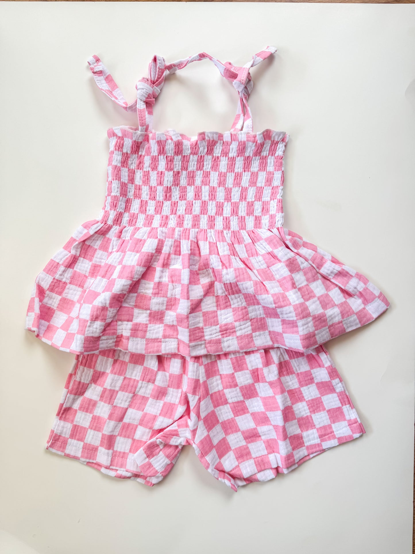 Checkered Linen Short Set (Bubble gum pink)