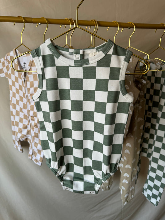 Matcha Checker Bubble Romper